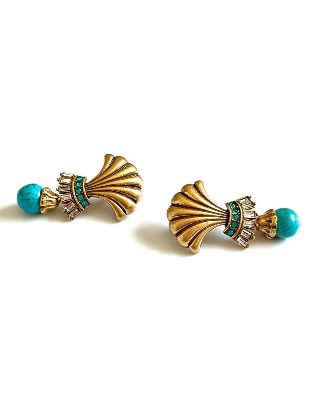 KRAMER Vintage Turquoise & Crystal Brushed Gold-Tone Shell Drop Earrings | NEW - Picture 7 of 9